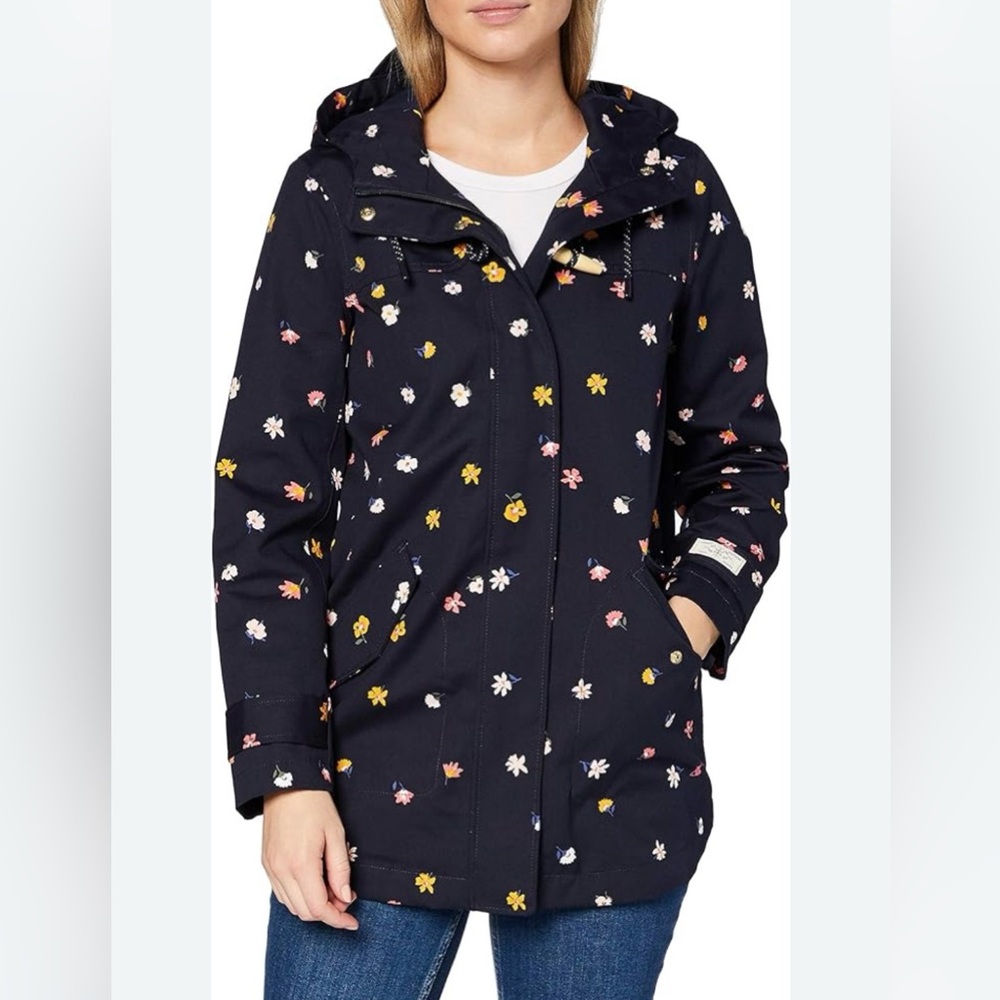 Joules Navy Ditsy Floral Print Mid-weather Hooded Rain Jacket - Sz 4